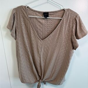 W5 Taupe Eyelet V-Neck Short Sleeve Tie Front Top